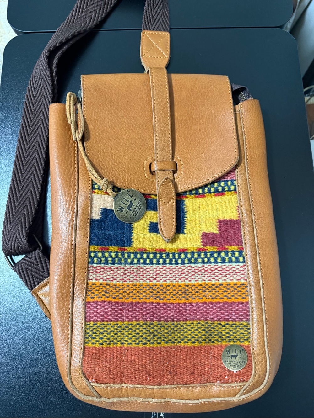 Will Leather Goods Leather Sling Bag with Multicolor Woven Panel
